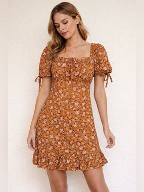 NWT Rust Floral Milkmaid Cottagecore Lightweight Mini Dress Small